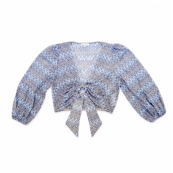 Moon River Chevron Tie Front Sheer Blouse L Metallic Zigzag Puff Sleeve Top - Picture 1 of 12